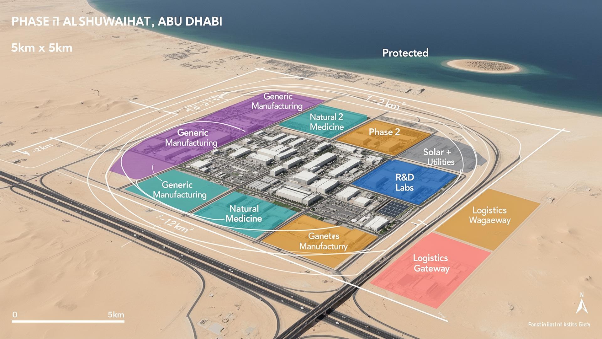 Conceptual phased master plan of the 5km by 5km ADPIC site at Al Shuwaihat, Abu Dhabi